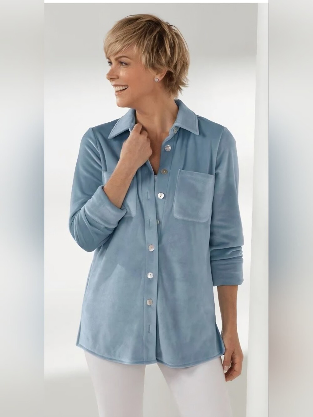 Soft Surroundings Old Softy Shacket 1X Blue Velour Shirt Jacket Cozy Plus Size